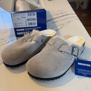 Birkenstock Light Gray Suede (Stone Coin) Boston Shearling Slip-On Clogs